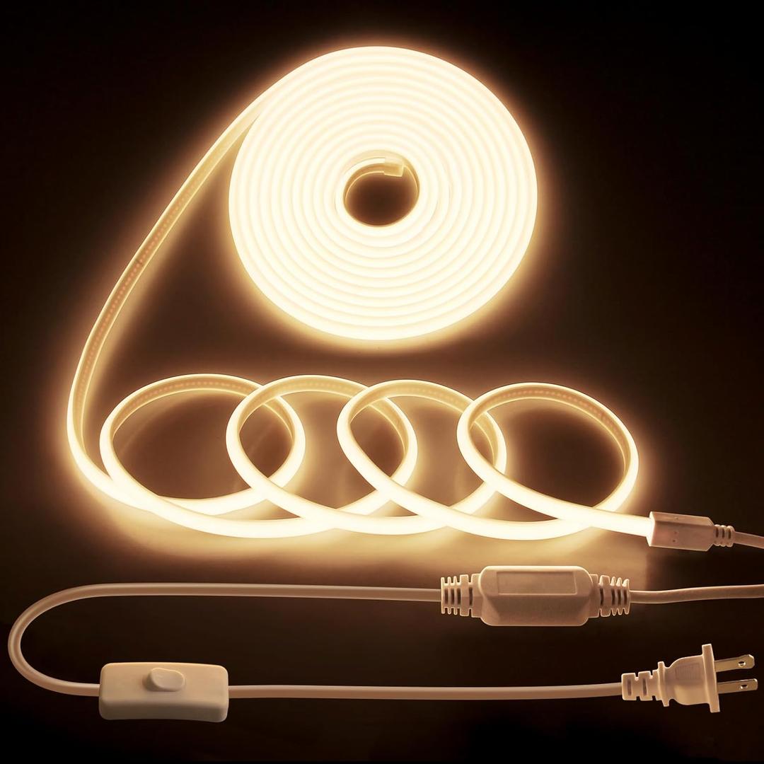 20FT COB LED Strip Light 3000K Warm White AC110V-120V LED Rope Lights Outdoor Waterproof IP65 High Density 288LEDs/M Flexible LED Light Strip with Switch for Garden Bedroom Indoor 6M