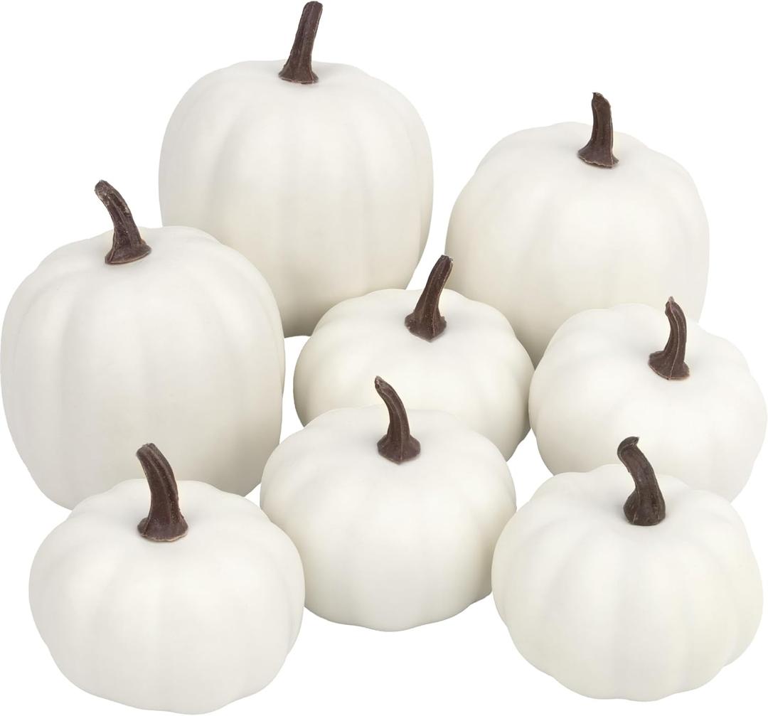 Artgar Pumpkin Decor - White Artificial Pumpkins - 8 PCS Foam Pumpkin Set for Fall Halloween Thanksgiving Harvest Holiday DIY Decor for Home Tabletop Mantel Decoration