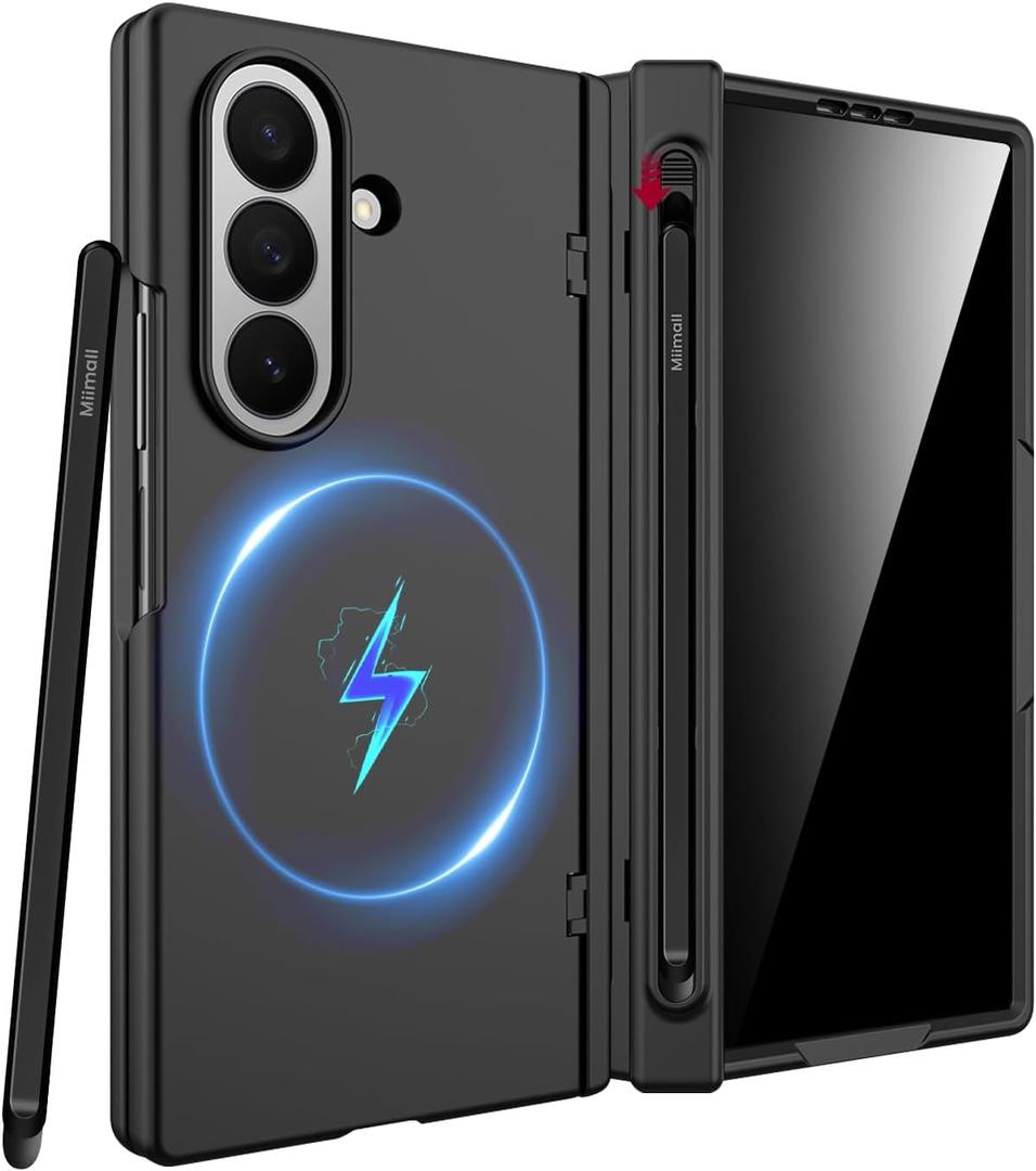 Miimall for Samsung Galaxy Z Fold 7 Case with S Pen & S Pen Holder, Built-in Privacy Screen, Compatible with MagSafe, Magnetic Hinge Protection, Shockproof Matte Case for Z Fold 7, Black