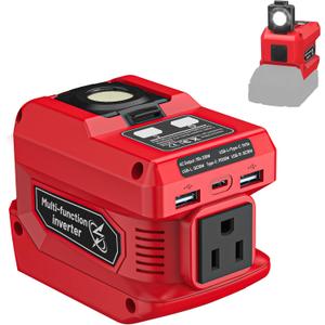 220W Power Inverter Compatible with Milwaukee 18V Battery, DC 18V to AC 110V Portable Power Station with 1 AC Outlet, 2 USB Ports & 1 Type-C Fast Charging, 400LM LED Work Light (1-PACK, Red)