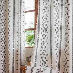 Sutuo Home White Boho Curtains 2 Panels for Bedroom Dining Room, Bohemian Cream Semi Blackout Floral Linen Curtains Stripes Decor with Tassels Country Privacy Grommet Window Treatment 52" W x 96" L
