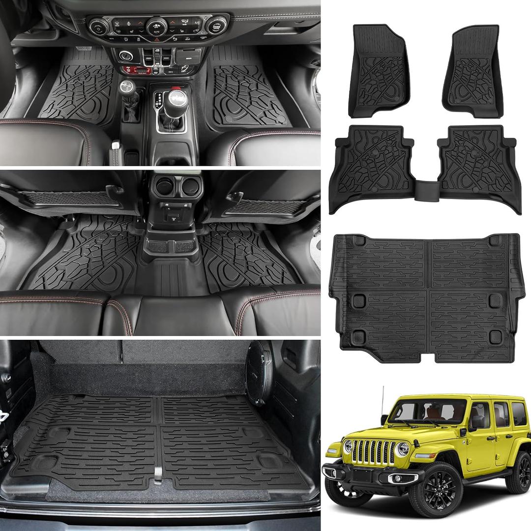 Cargo Mats for 2021-2025 Jeep Wrangler JL 4XE Floor Liners with Trunk Mat All Weather TPE Protector Rear Floor Trunk Liners for 2021 2022 2023 2024 2025 Wrangler JL 4XE 4 Door Accessories