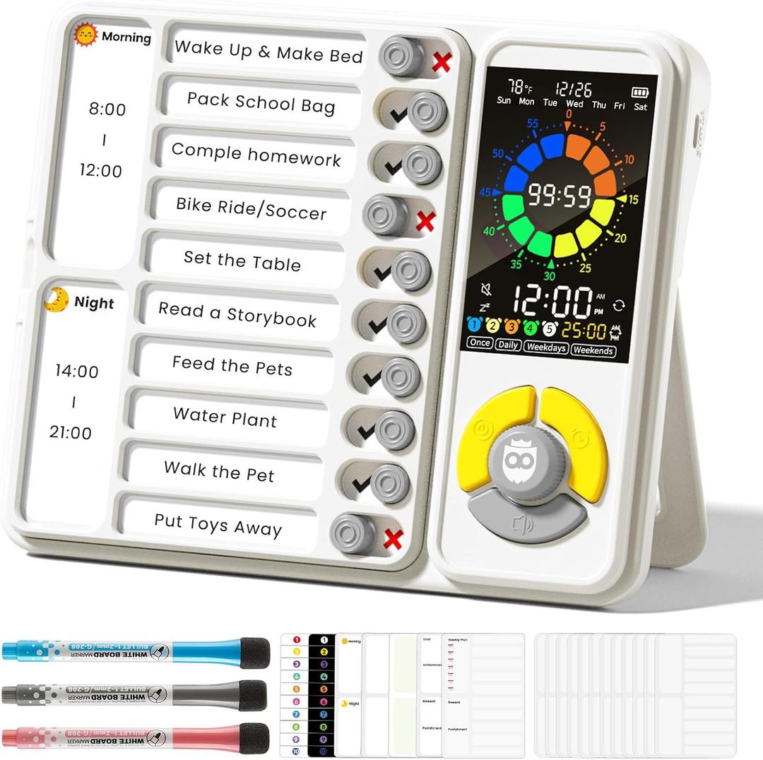 5 IN 1 Visual Timer for Kids/Adults with Chore Chart, ADHD Tools 12/24H Silent Task Timer and Pomodoro Timer, ADHD & Autism Sensory Products, Visual Schedule for Kids Back to School Supplies Off-white