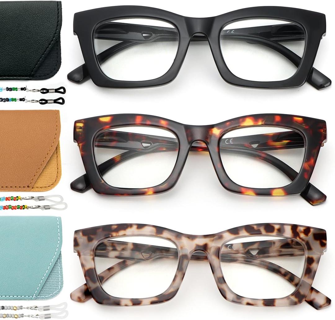 3 Pack Reading Glasses with Chain, Readers for Women Blue Light Blocking with Spring Hinge, 0.0x