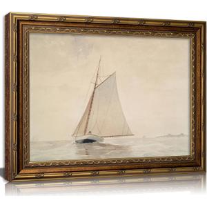 Vintage Gold Framed Sailboat Canvas Wall Art Retro Coastal Neutral Muted Painting Picture Wall Decor Farmhouse Seascape Poster Print Artwork for Living Room Bedroom Home Decoration, 24"L x 16"W