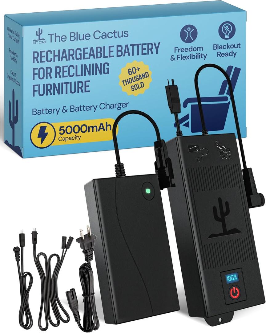The Blue Cactus Big Battery Pack for Reclining Furniture with LED Screen and Low Charge Alerts  Wireless 5000mAh Couch Battery Pack Rechargeable for Power Recliner Power Supply