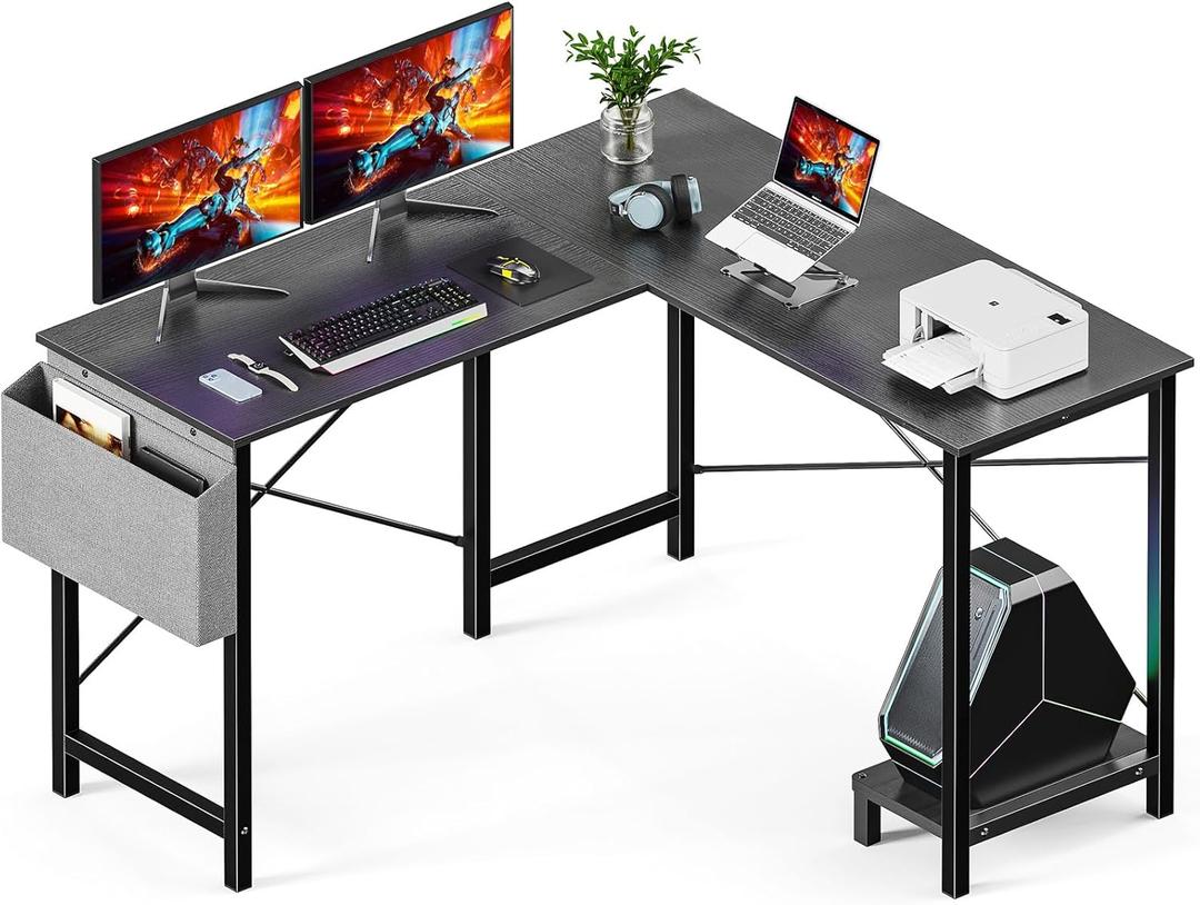 DUMOS L Shaped Desk Computer Gaming Corner Table 50 Inch Home Office Writing Student Work PC Workstation with Side Storage Bag CPU Stand for Bedroom Small Spaces