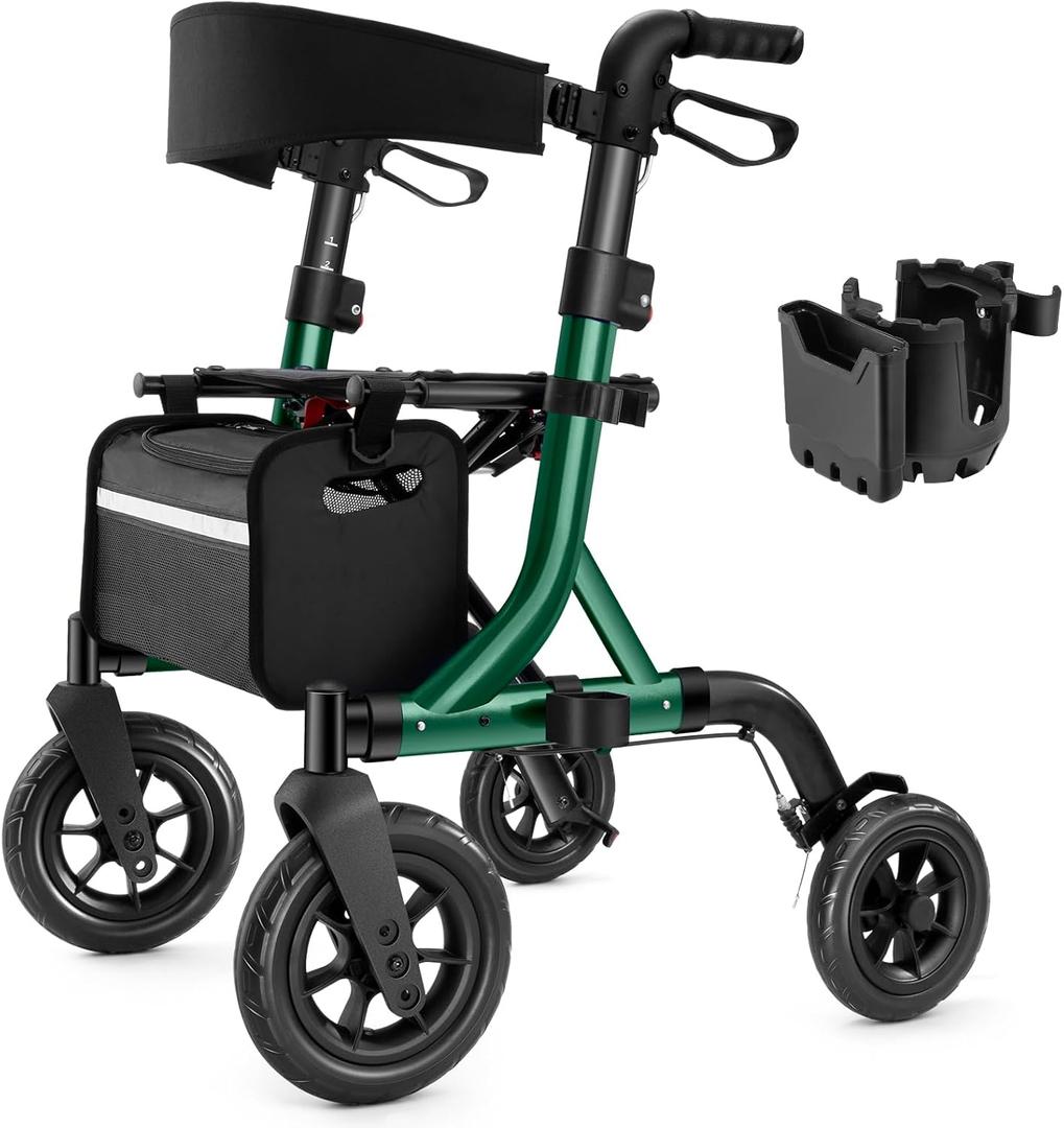 Walkers for Seniors, Rollator Walker with Seat, 10" Rubber Wheels All Terrain Rollator Walker with Backrest, Aluminum Walkers Built-in Cable, Foldable and Adjustable Height for Seniors, Green