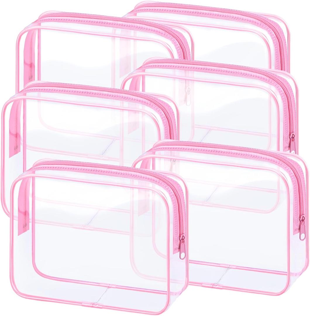 6 Pieces Clear Makeup Bags Bulk TSA Approved Toiletry Bag for Travel PVC Waterproof Clear Cosmetic Pouch with Zipper for Men and Women Carry-on Travel Essentials (Pink) (Medium)