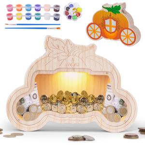 Wooden Piggy Bank for Kid, DIY Night Light Personalized Money Bank for Boy, Girls, Unbreakable Saving Box with Paintbrush and 12 Paints, Coin Jar Gifts for Kid Birthday&Decor (Carriage)