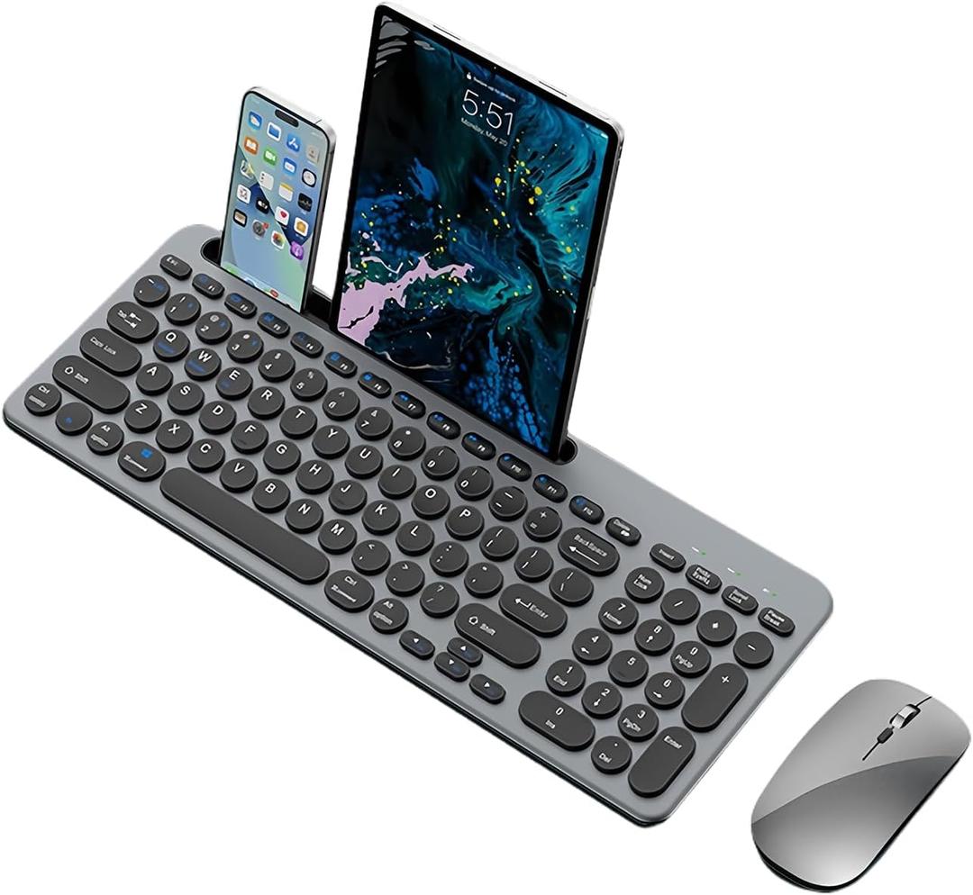 Wireless Keyboard and Mouse Combo with Phone Tablet Holder, Rechargeable Dual-Mode (Bluetooth 5.0 and 3.0 +2.4G) Multi-Device Silent Mouse for Windows, iPad, Tablet, MacOS,iOS,Android (Grey)