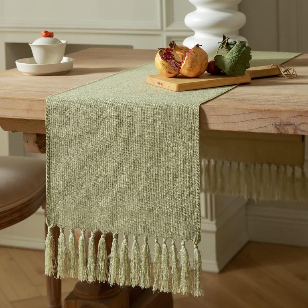 ZeeMart Sage Green Table Runners 72 Inches Long, Burlap Linen Style Rustic Farmhouse Table Runner, Boho Woven Dining Table Runner, 13x72 Inches, Light Sage Green
