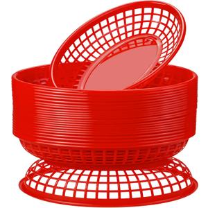 24 Pack Fast Food Baskets, Plastic Fast Food Restaurant Baskets, Bread Fry Baskets Serving Tray for Hot Dogs, Chicken, Burgers, Sandwiches, Fries(Red)