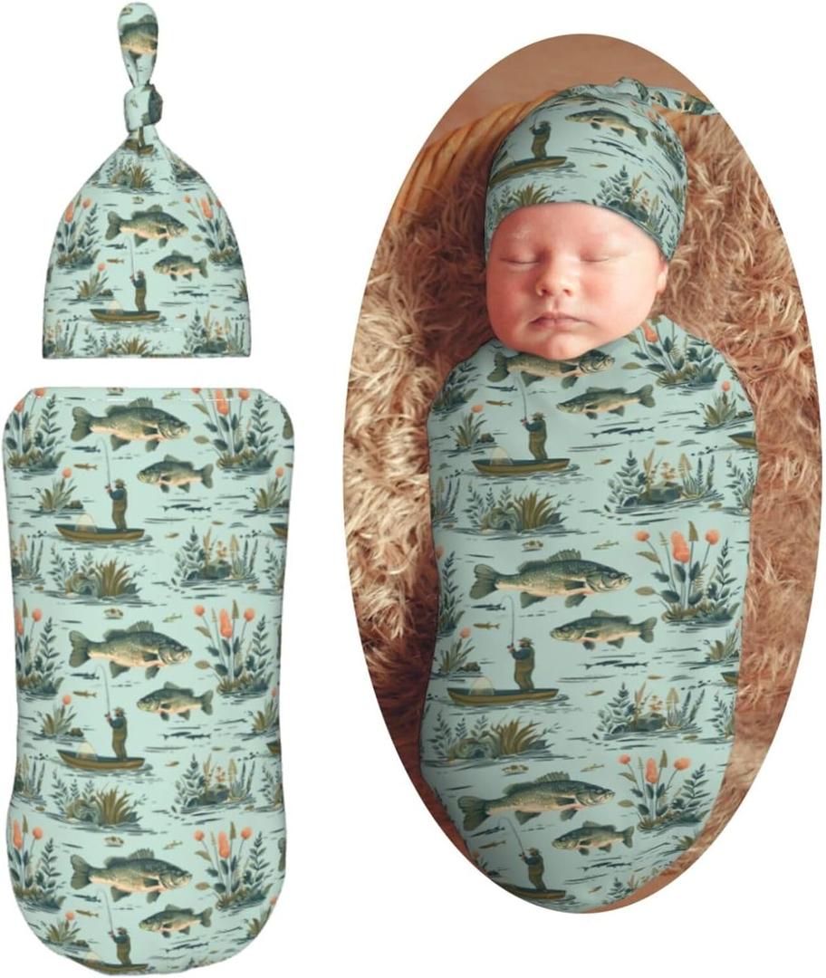 Fisher and Bass Fishes Newborn Swaddle Blankets Hat Sets Soft Baby Receiving Blanket Swaddle Sack for Baby Shower Infant Boy Girl Gift (One Size)