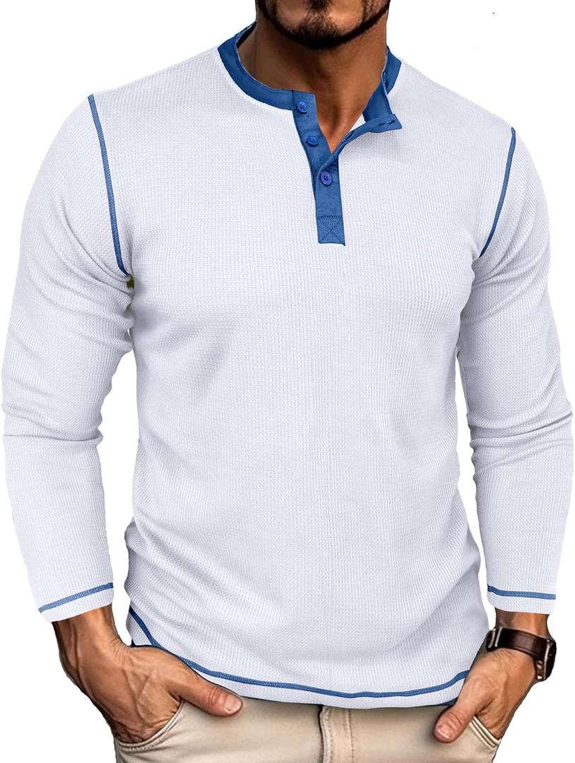 UOUA Men's Henley Shirts Long Sleeve Waffle T-Shirts Casual Button Comfortable Basic Tops White 2XL