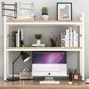 Desk Hutch Desktop Bookshelf 37 inch Dorm Office Countertop 2 Tier x Wide Shelf, Middle Shelf Organizer Height Adjustable (White x Light Brown, Width 37")