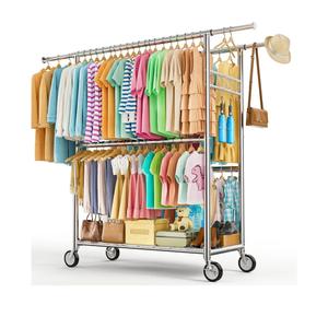 Heavy Duty Clothes Rack Load 1060LBS, Four Rods Rolling Clothing Racks for Hanging Clothes, Rolling Garment Rack With Sturdy Wheels Shelves Hooks, Portable & Adjustable Commercial Garment Rack, Silver