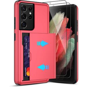 Pilaru for Samsung Galaxy S21 Ultra Case with Card Holder and (2 Pcs) HD Screen Protector, Slim Heavy Duty Dual Layer Shockproof Design & Hidden Card Slot Wallet Case for S21 Ultra-Red