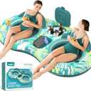 5-in-1 Pool Floats Adult Heavy Duty River Tube, 2 Person Water Lounge with Backrests, Built-in Cooler, Cup Holders, Deluxe Pool Float for Summer Relaxation (Green)