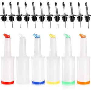 Tebery 6 Pack Plastic Juice Pour Bottles with 12 Stainless Steel Bottle Pourer, 34OZ Plastic Juice Dispensers for Bar Home Kitchen Party Supplies