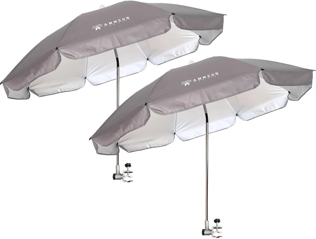 AMMSUN Chair Umbrella with Universal Clamp Adjustable 47 inches and 360 Swivel & UPF 50+ Protection Portable Sun Umbrella, Secure Clip on Camping/Beach Chairs, Stroller, Wheelchair, Golf cart, Lounger, Grey, 2 PACK
