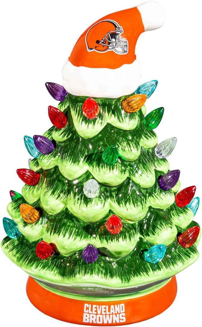 NFL Cleveland Browns Ceramic Christmas Trees That Light Up | 8" LED Vintage Christmas Tree | Officially Licensed Team Logo | Tabletop Decorations for Home
