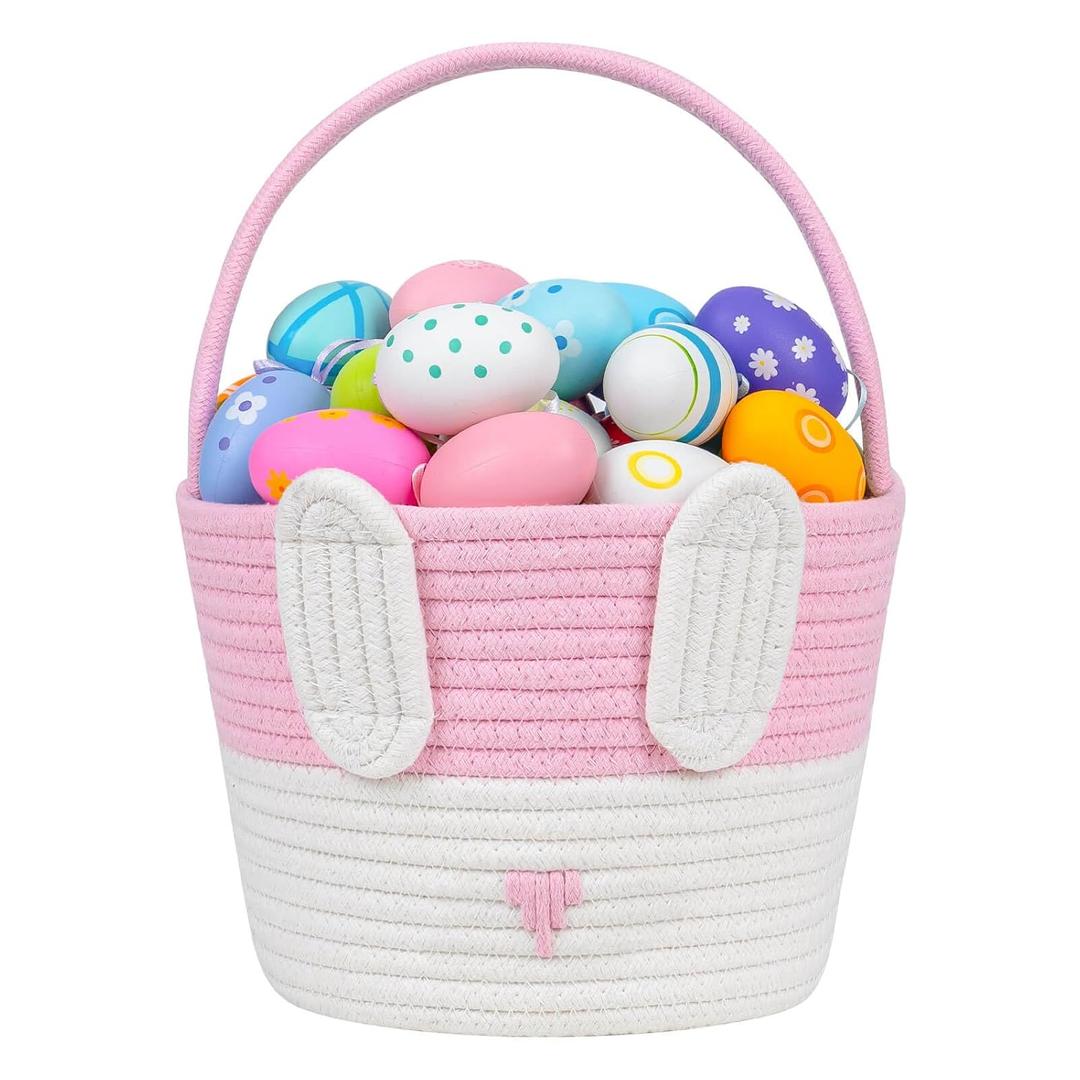 CubesLand Empty Easter Basket for Kids Babies Boys and Girls, Cute Easter Treasure Hunt Bunny Basket, Sturdy Cotton Rope Gift Basket, Egg Hunts, Festive Decor & Gift Ideas - Pink, Large