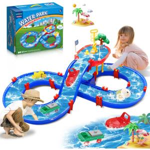 2-Tier Water Table Toys for Kids,61PCS Water Park Playset with Pump,Summer Water Toys Waterways for Backyard Beach Pool Lawn,Outdoor Toy for Toddlers 3-5 4-8, Gifts for Boys Girls