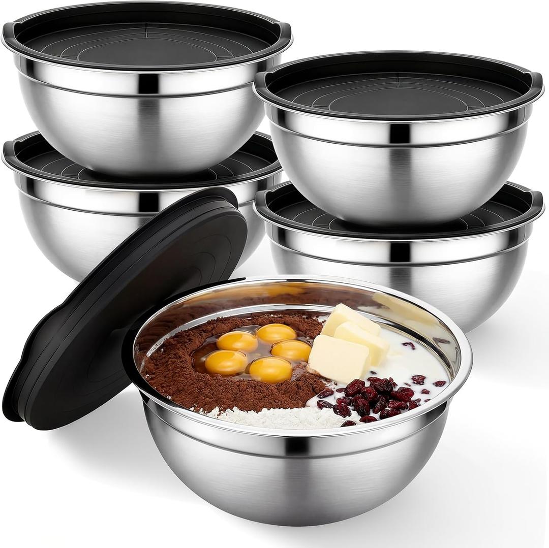 Beasea Mixing Bowls with Lids Set of 5, 4 QT Metal Stainless Steel Nesting Mixing Bowls with Lids, for Baking, Dough Bread Prepping, Salad, Food Serving and Kitchen Storing
