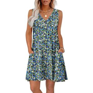 Summer Dresses for Women 2025 Loose V Neck Swing T Shirt Casual Dress Sundresses with Pockets Floral Viola Size M