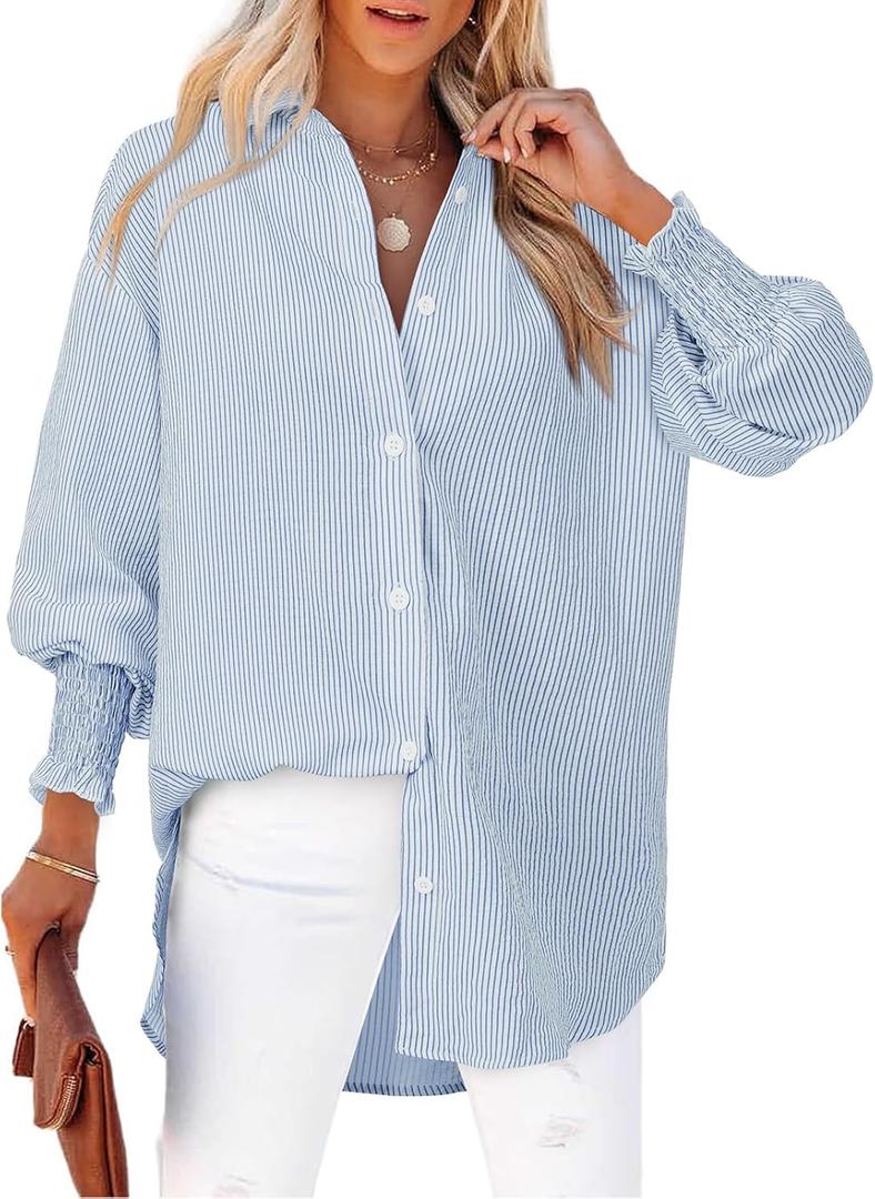 Women's Striped Button Down Shirts Long Sleeve Smocked Cuffed Oversized Boyfriend Blouses Collared Work No Pockets Tops (Large, A Blue and White Striped)