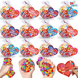 24 Pack Valentines Day Gifts for Kids Teens, Fidget Stress Balls with Valentine Cards Heart Stress Relief Toys Squeeze Balls for Boys Girls Classroom Exchange Prize Easter Basket Stuffers Party Favors