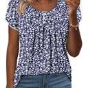 BETTE BOUTIK Floral Short sleeve button down blouse women tops shirt women cute oversized summer shirt FloretDBlue Medium (Blue)