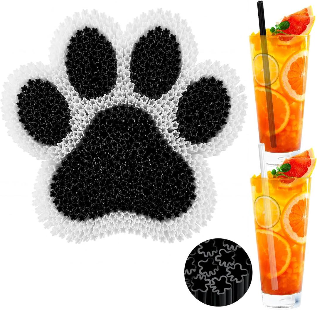 Potchen 50 Pcs Dog Paw Shape Plastic Straws Black White Disposable Drinking Straw Bulk for Puppy Party, Baby Shower, Birthday Party
