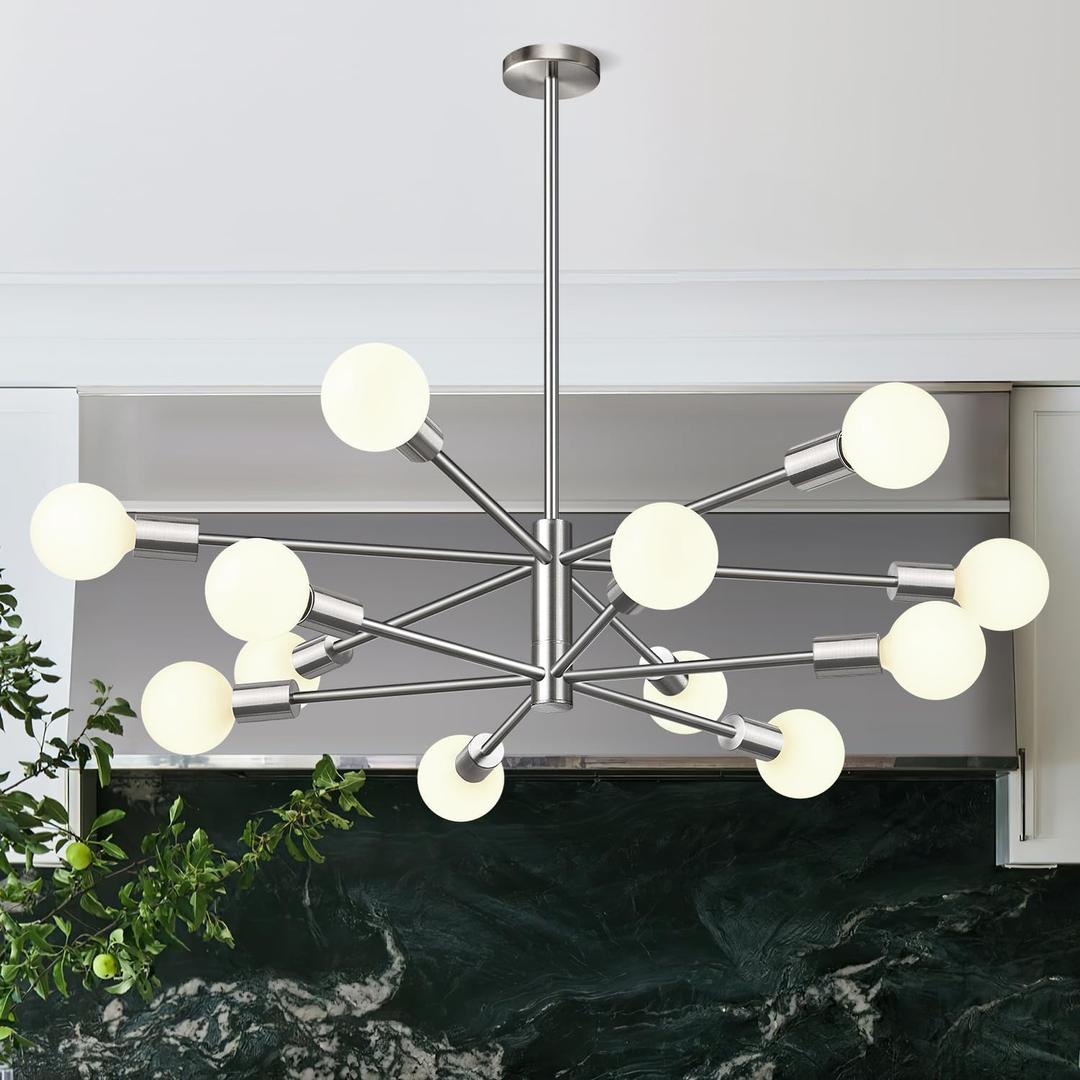 33" Modern Chandelier Ceiling Light Fixture, 12-Light Sputnik Chandeliers Brushed Nickel Mid Century Chandelier Over Table, Height Adjustable Chandeliers for Dining Room Living (Bulbs Not Included)