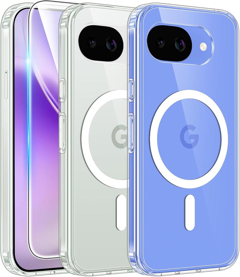 FNTCASE for Google Pixel 10a Case: Magnetic Military Grade Drop Protection with Screen Protector Anti Yellowing Cell Phone Cover - Rugged Shockproof Protective Bumper Transparent Cases(Clear Magsafe)