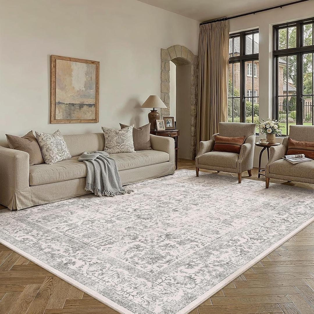 PureCozy Gray Area Rug 6x9 Machine Washable Vintage Living Room Distressed Non Slip Carpet Traditional Indoor Bedroom Grey Retro Floral Accent Throw Large Rug for Office Kitchen Dining Room