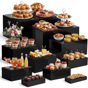 Leinuosen 10 Pcs Extra Large Acrylic Buffet Risers for Food Display Stands Box, Rectangle Catering Dessert Table Risers Decorative 7 to 16 Inch, Hollow Bottom for Weeding Brunch Party Supplies(Black)