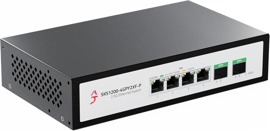 6-Port 2.5G Ethernet PoE+ Switch, 4X 2.5GBase-T PoE+ Ports, 2X 10Gbps SFP+, 75W IEEE802.3af/at Unmanaged 2.5Gb PoE Network Switch, Ethernet Hub, Metal Casing, Desktop/Wall-Mount
