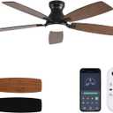 JSAITEE Ceiling Fans with Lights, 52 Inch Low Profile Ceiling Fan with Light and Remote Control, Flush Mount, DC Reversible Motor, Noiseless, Brown 6 Speeds Ceiling Fan for Bedroom