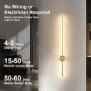 KARTOOSH Brass Battery Operated Wall Sconce Set of Two with Motion Sensor | Rechargeable Wireless Wall Lights with Remote Control, Dimmable, 3000K/4000K/6000K, Timer for Living Room, Hallway,39.3 Inch