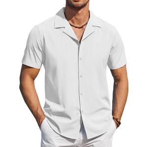 COOFANDY Mens Short Sleeve Shirts Casual Button Down Shirts Cuban Textured Summer Beach Shirts (White, XL)
