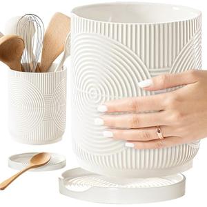 Swkien Utensil Holder, 7.2" Kitchen Utensil Holder for Counter, 2-in-1 Ceramic Cooking Utensils Holders with Spoon Rest, Utensil Crock for Spatula, Ideal Housewarming Gift (White)