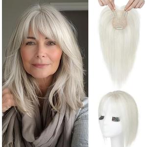 SEIKEA Hair Toppers for Women Real Human Hair, 10" Clip in Bangs Hand-tied Base 1.4 * 2.2inch Natural Realistic with Thinning Hair with Wispy Bangs Silver White