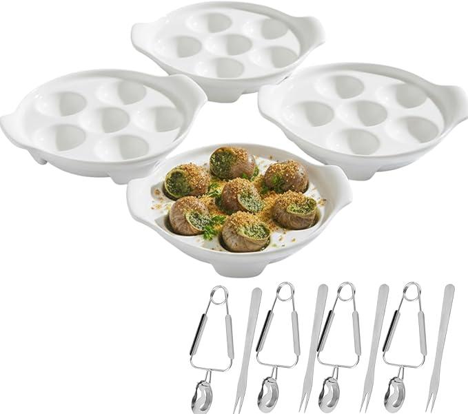 Escargot Baking Dish, 4 Pack Ceramic Escargot Dish 6 Holes Escargot Plates 6.5 Inch Snail Dish Escargot Serving Dish Escargot Pan for Home, Kitchen, Restaurant (with Tong and Fork)