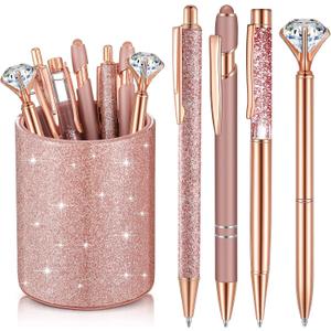 Sabary 8 Pcs Rose Gold Pens with Pen Holder for Desk Glitter Crystal Diamond Cute Ballpoint Fancy Pencil Holder Bling Desk Organizer for Women Girls Gifts School Office Valentine Supplies