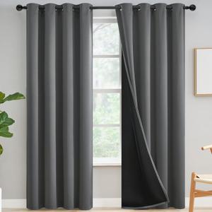 Yakamok 100% Blackout Curtains for Bedroom 90 Inch Length, Grey Full Light Blocking Drapes with Black Backing, Noise Reducing Thermal Insulated Grommet Panels for Living Room, 52Wx90L,Gray, 2 Panels