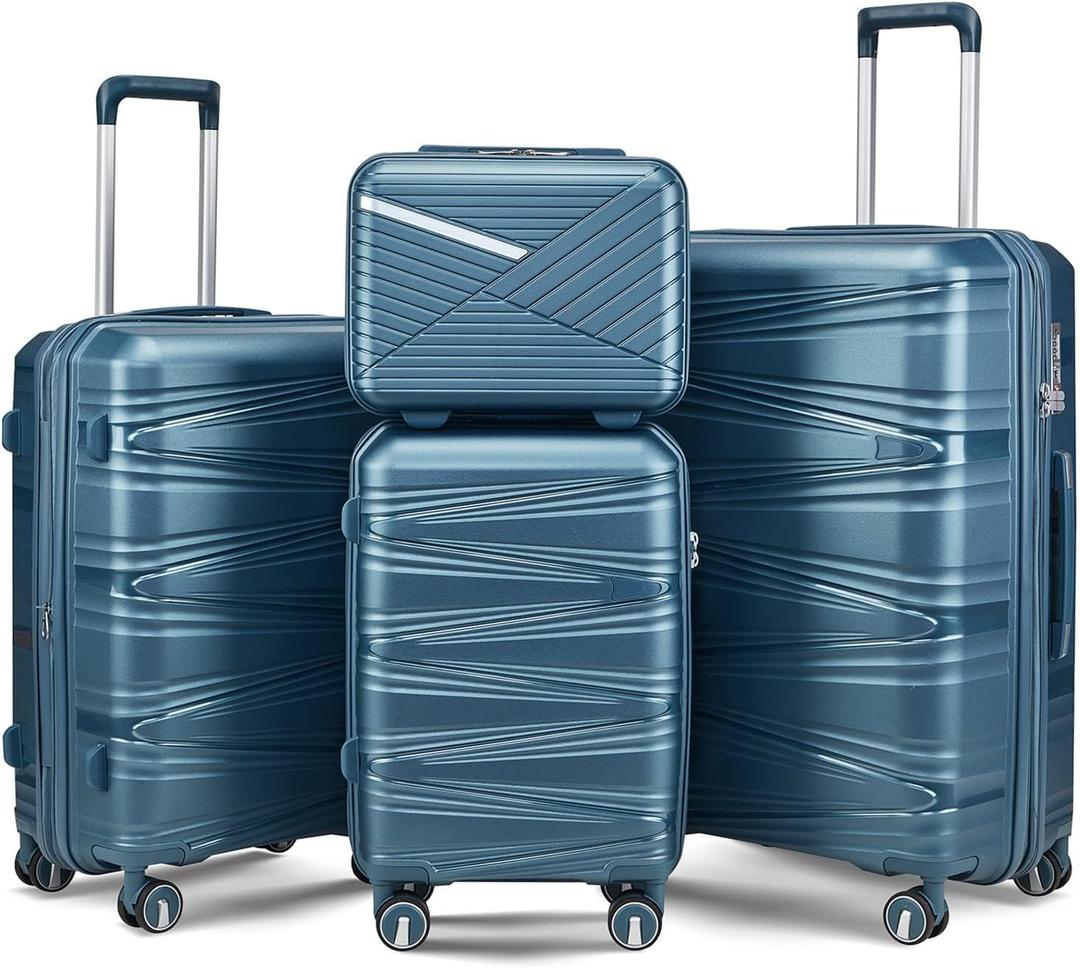 TRAVELEO 4 Piece Luggage Set PP Hardshell, Expandable Suitcase Set (20/24/28) with 14" Cosmetic Case, Lightweight Spinner Wheels with TSA Lock, Detachable Wheels for Nesting Storage Peacock Blue, 4 Piece Set (14in/20in/24in/28in)