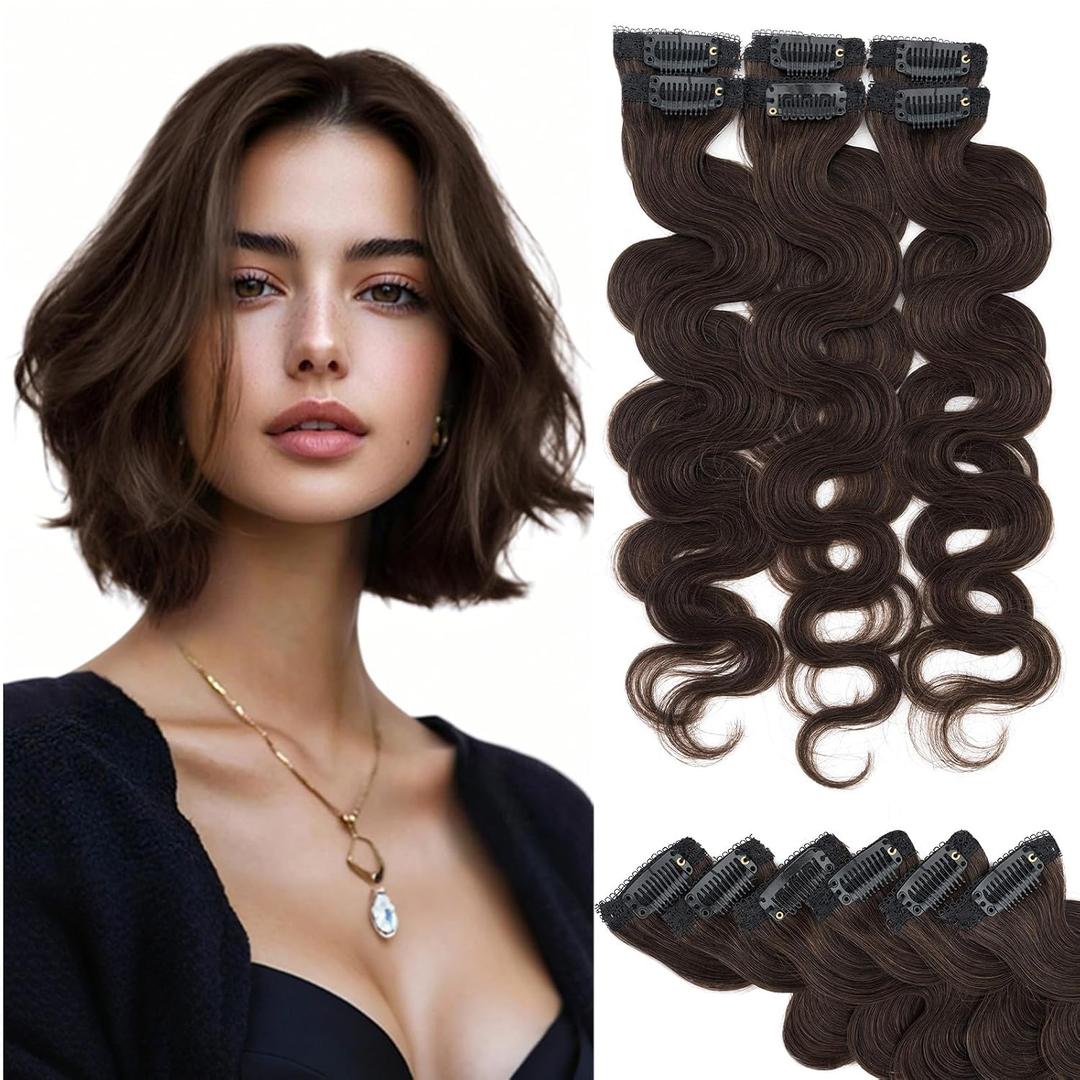 Rich Choices Short Clip In Hair Extensions Real Human Hair-Wave/Curly 6 Pcs Single Clip Hairs Extensions For Women-Mini Seamless Clips Hairpieces for Thin Hairs-10 Inch #2R Chocolate Brown