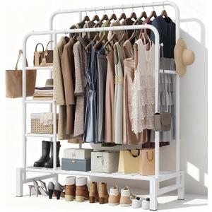 LZNIOZ Clothes Rack for Hanging Clothes, Double Rods Clothing Rack with 3 Tier Storage Shelves, Multifunctional Heavy Duty Clothes Rack with Hooks for Bedroom, Laundry, Living Room (Modern, White)